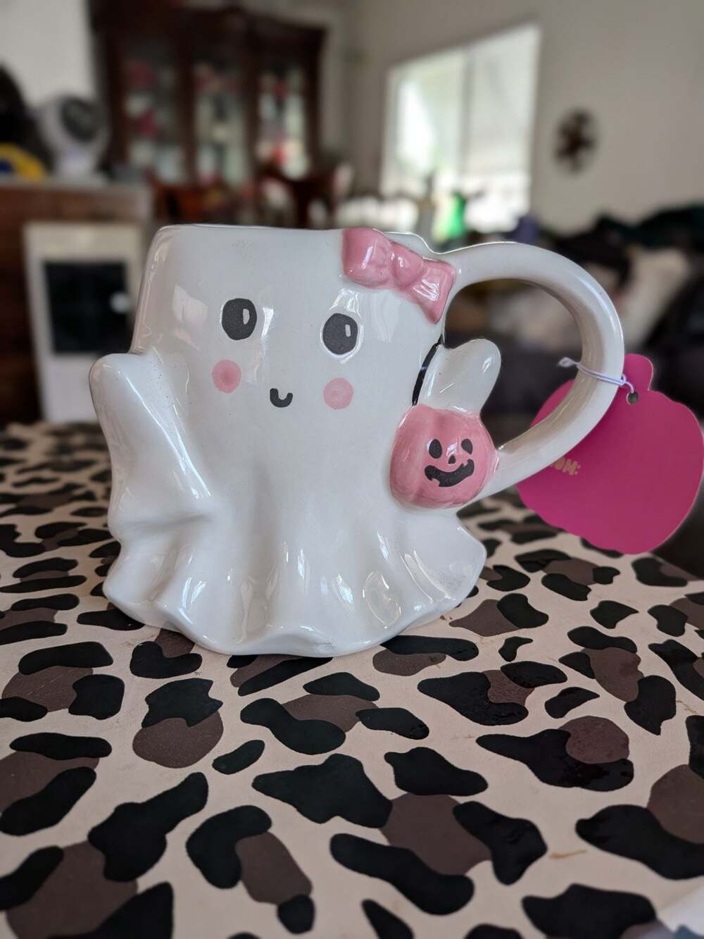 Home Plus Trend Ceramic Pink Ghost Mug with Bow and Pumpkin Detail